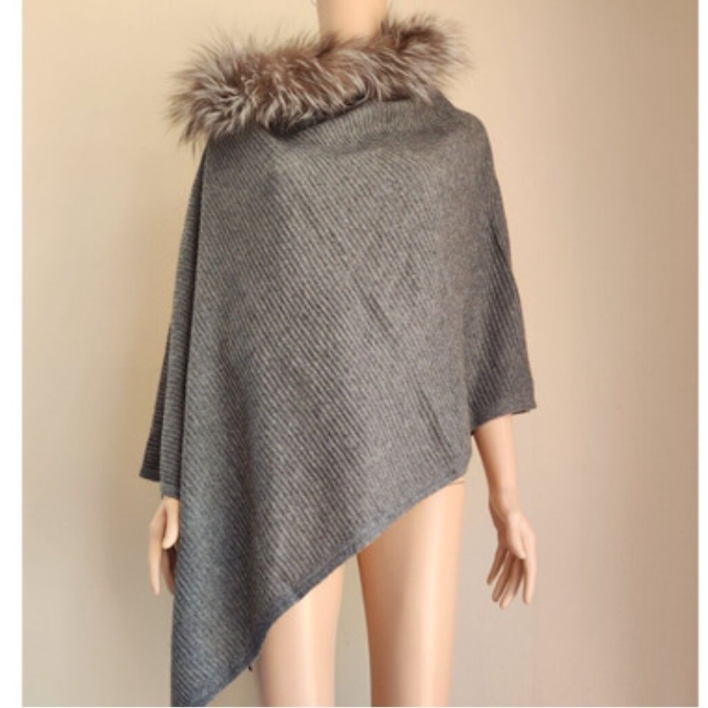 Sofia Cashmere Fox Fur Asymmetrical Poncho OS Wool/Cashmere Grey